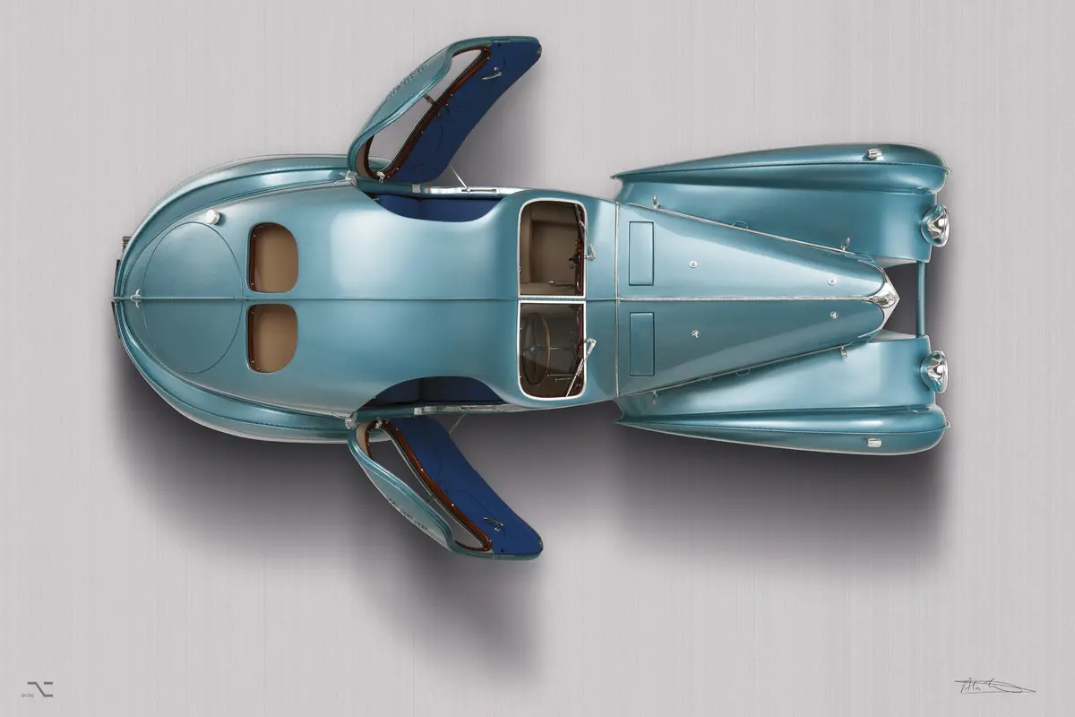 Bugatti Type 57Sc Atlantic - 85Cm Half Tone Flat Bed Print - Overhead View 1