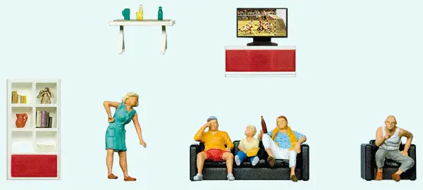 Family Watching Television -- 5 Figures & Living Room Furniture 1