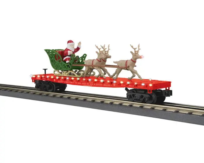 Mth O Flat Car W/Led Lights, Santa Sleigh & Reindeer - Christmas (Red) Car No. 122524   (Mth3076917) 1