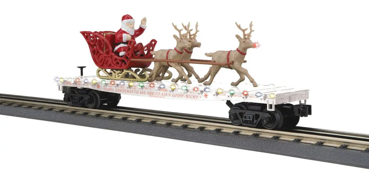 Mth O Christmas Flatcar W/Santa Sleigh & Reindeer/White   (Mth3076919) 1