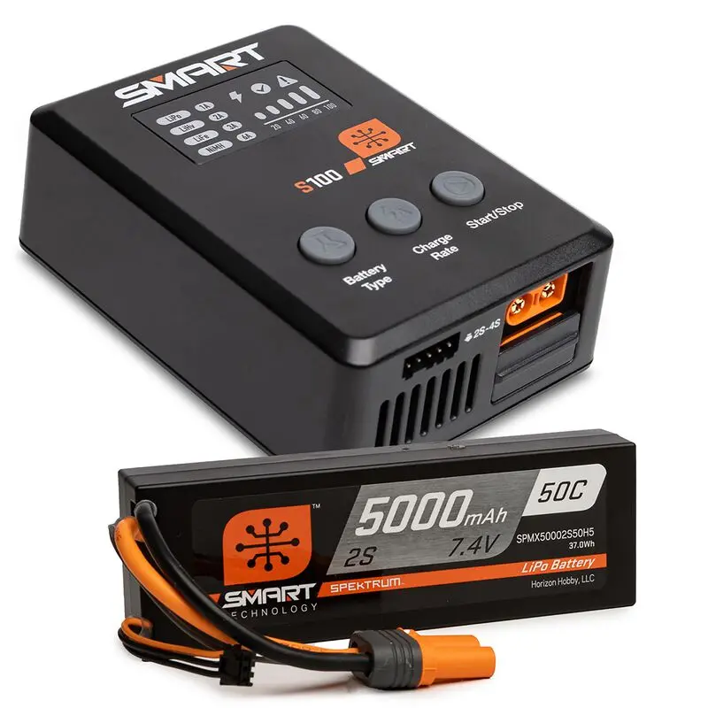 Spektrumsmart Powerstage Surface Bundle: 5000Mah 2S 50C Lipo Battery (Ic5) / 100W S100 Charger (Spmx-1032) 1