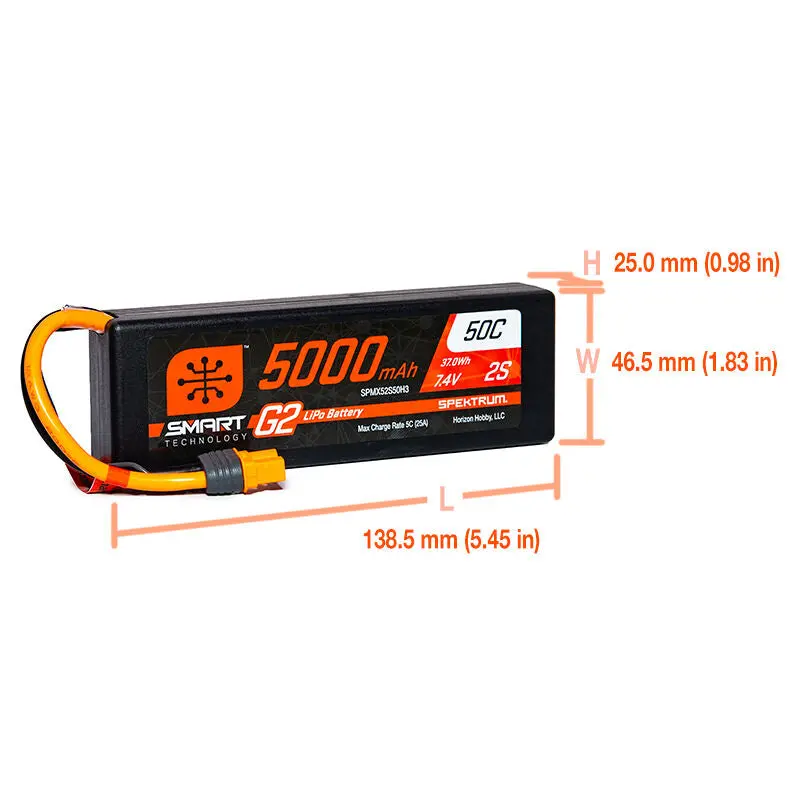 Spektrum 7.4V 5000Mah 2S 50C Smart Lipo G2 Hard Case: Ic3  (Spmx52s50h3) 1